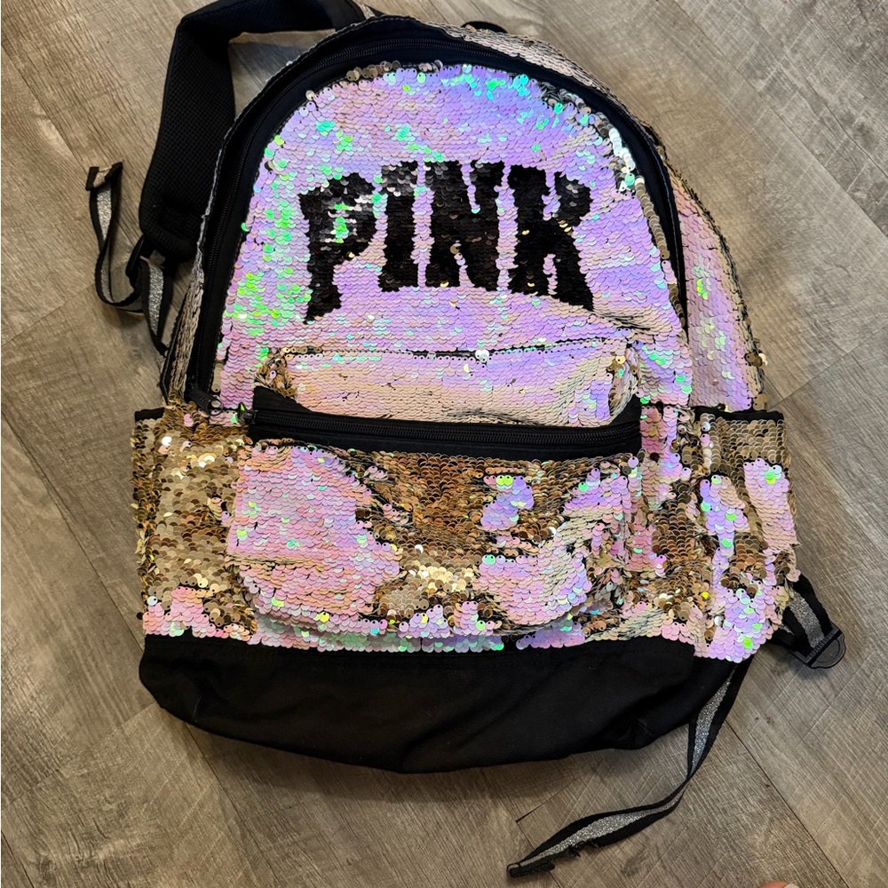 Victoria's Secret Iridescent Pink and Gold Sequin Backpack